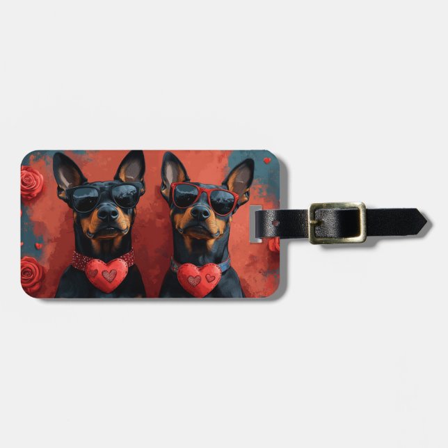 Doberman With Heart Roses Valentine's Day Luggage Tag (Front Horizontal)