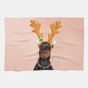 Doberman with Horns of a Deer Tea Towel