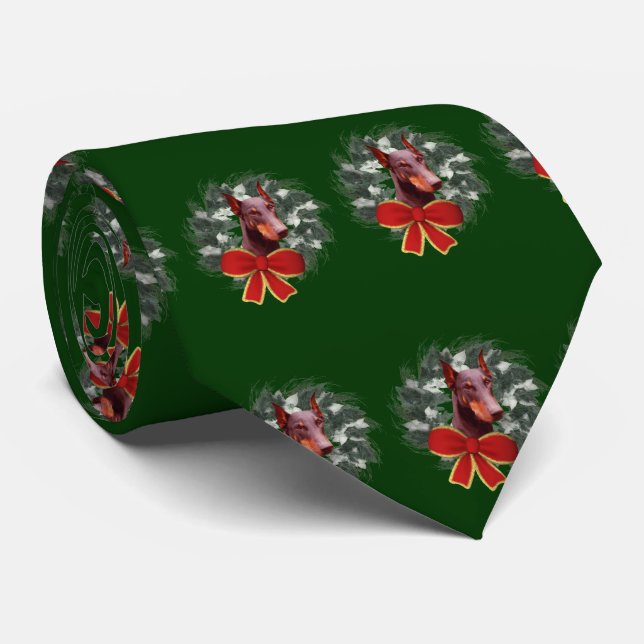 Doberman Wreath Christmas Holiday Tie (Rolled)