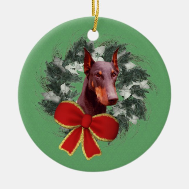 Doberman Wreath Holiday Dog Ornament (Front)