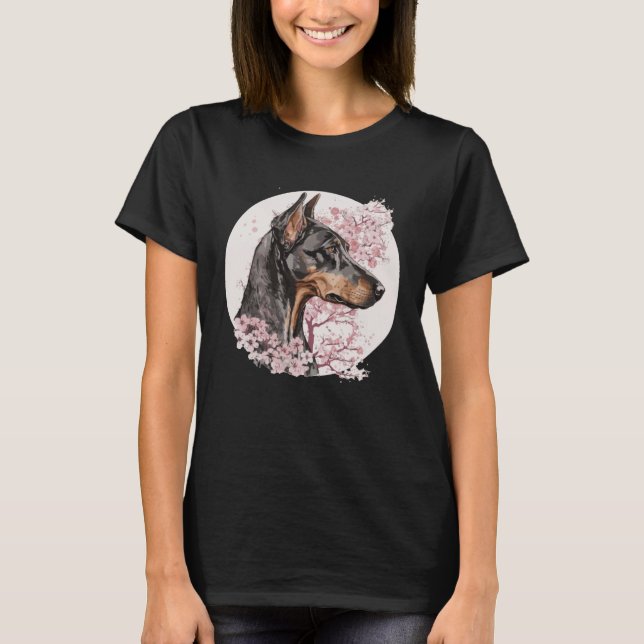 Dobermann Cherry Blossom Dog Breed Japanese Waterc T-Shirt (Front)