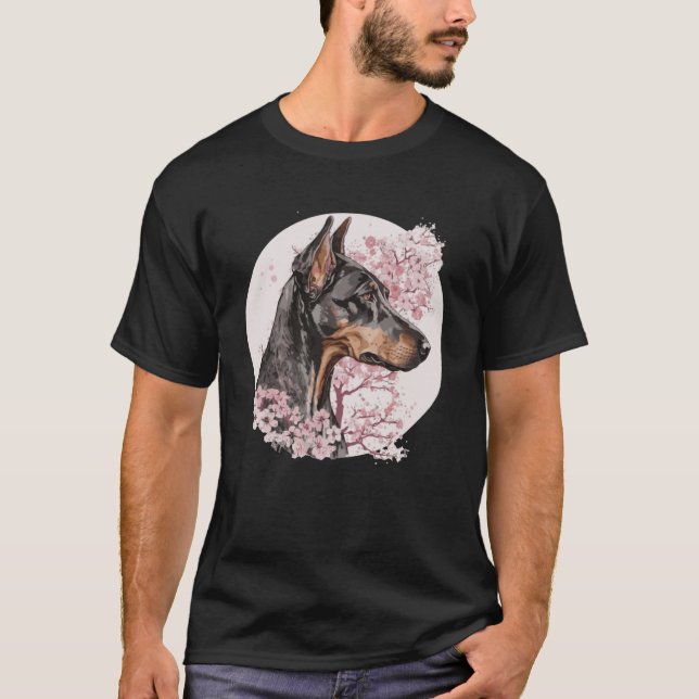 Dobermann Cherry Blossom Dog Breed Japanese Waterc T-Shirt (Front)