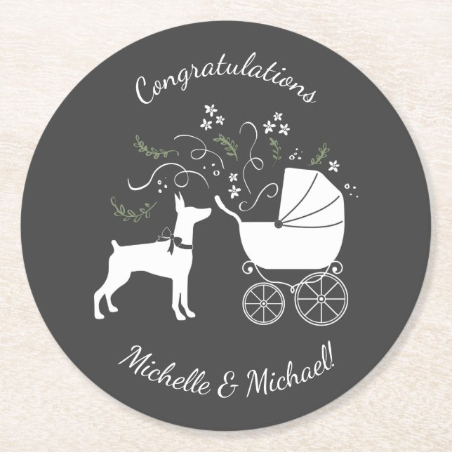 Dobermann Dog Baby Shower Puppy Dobie Pinscher Round Paper Coaster (Front)