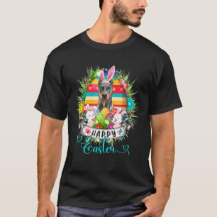 Dobermann Dog In Easter Eggs Basket Bunnies Happy T-Shirt