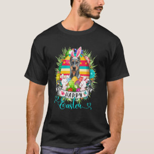 Dobermann Dog In Easter Eggs Basket Bunnies Happy T-Shirt