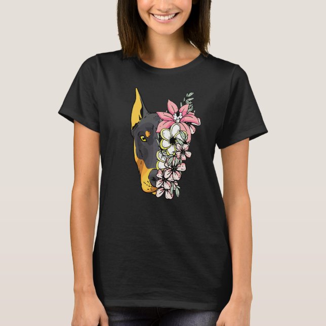Dobermann Dog With Flowers T-Shirt (Front)