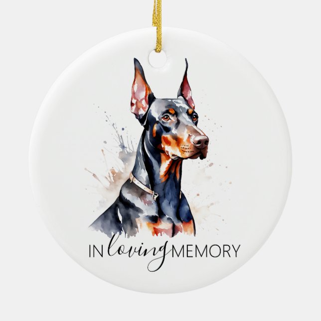 Dobermann memorial watercolour Christmas Ceramic Tree Decoration (Back)