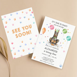 Dobermann Pawty Puppy Birthday Pink  Invitation