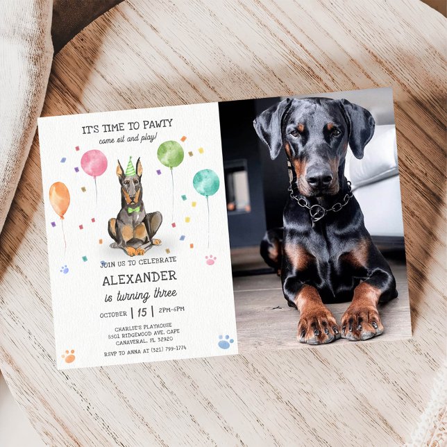 Dobermann Pawty Puppy Birthday Pink Photo Invitation (Creator Uploaded)