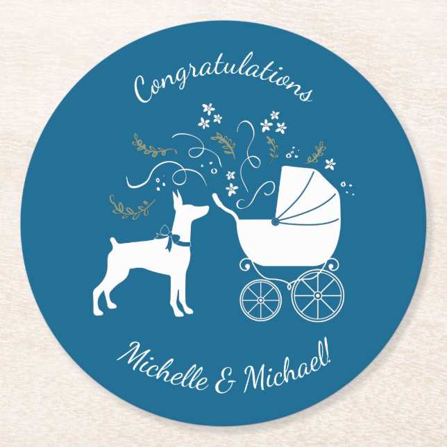 Dobermann Pinscher Baby Shower Puppy Dog Dobie  Round Paper Coaster (Front)
