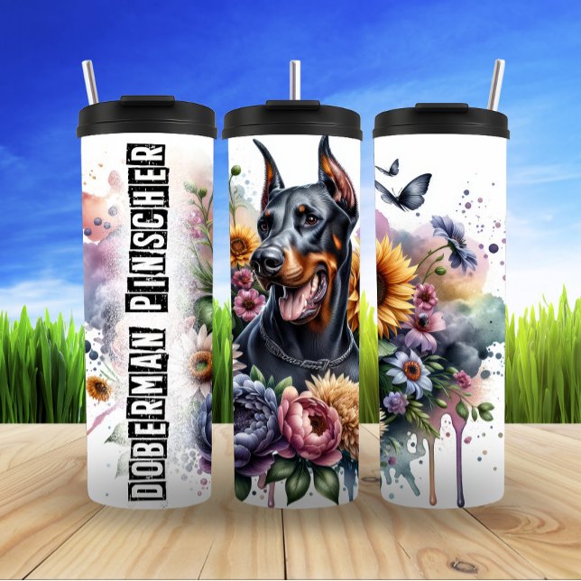 Doberman's Bold Floral Majesty Thermal Tumbler (Creator Uploaded)
