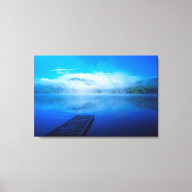 Dock on calm misty lake, California Canvas Print (Front)