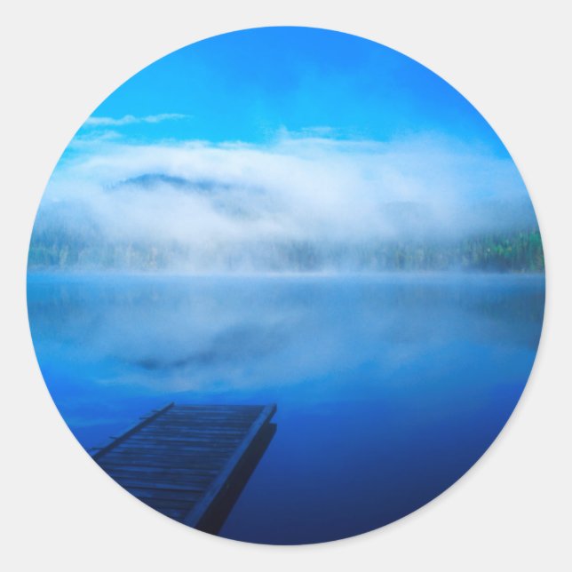 Dock on calm misty lake, California Classic Round Sticker (Front)
