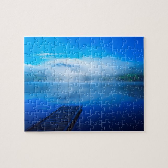 Dock on calm misty lake, California Jigsaw Puzzle (Horizontal)