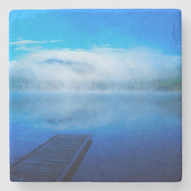 Dock on calm misty lake, California Stone Coaster (Front)