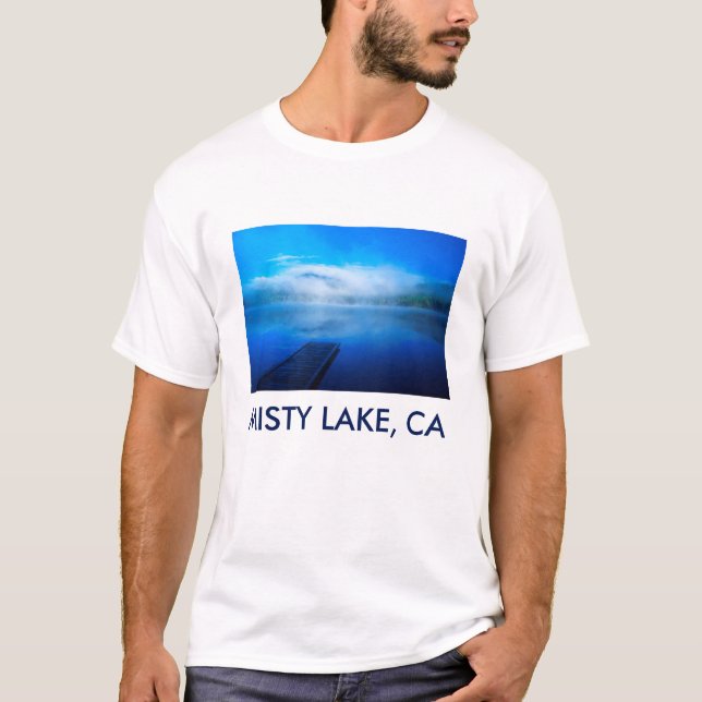 Dock on calm misty lake, California T-Shirt (Front)