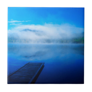 Dock on calm misty lake, California Tile