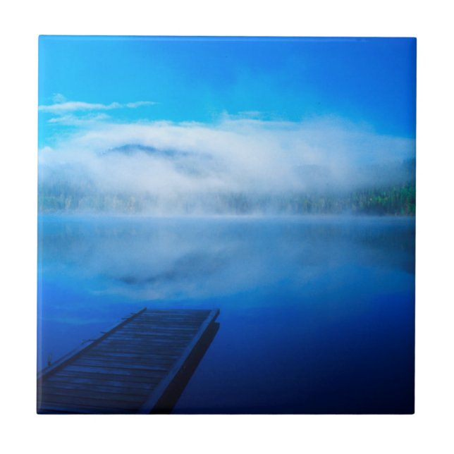 Dock on calm misty lake, California Tile (Front)