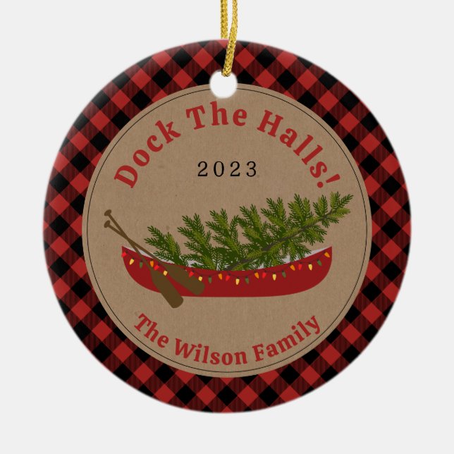 Dock The Halls Canoe Christmas Tree Photo Plaid Ceramic Tree Decoration (Front)