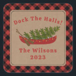 Dock The Halls Canoe Christmas Tree Plaid Square Sticker<br><div class="desc">Illustration of a red canoe decorated with Christmas lights with Christmas tree inside.  Background is brown cardstock with red and black buffalo plaid border.  Personalise the text.</div>