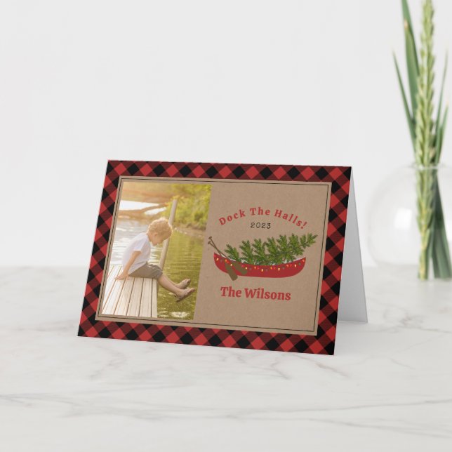 Dock The Halls Christmas Canoe Plaid Photo Holiday Card (Front)