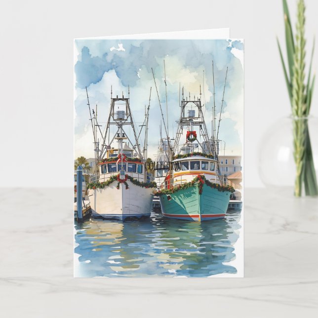 Dockside Cheer – Coastal Boats Seasonal Card (Front)