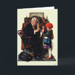 Doctor and the Doll Card<br><div class="desc">Artist: Norman Rockwell | Dr. listens with stethoscope to doll held by little girl</div>