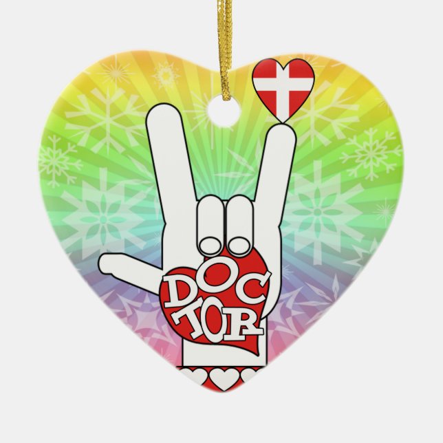 DOCTOR ASL SIGN I LOVE YOU - HEART - MEDICAL CROSS CERAMIC TREE DECORATION (Front)