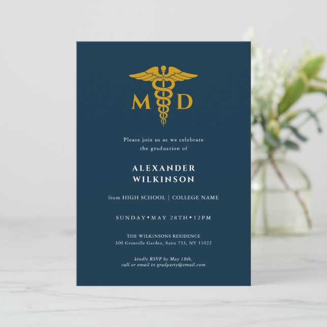 Doctor Blue Gold Modern Medical School Graduation  Invitation (Standing Front)
