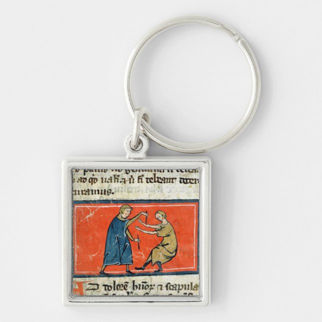 Doctor cauterising a wound with fire key ring (Front)