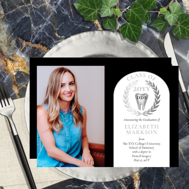 Doctor Dental Surgery Photo Graduation Invitation (Black and Silver tone Photo Doctor of Dental Surgery "DDS" Graduation Announcement - Print | Digital)