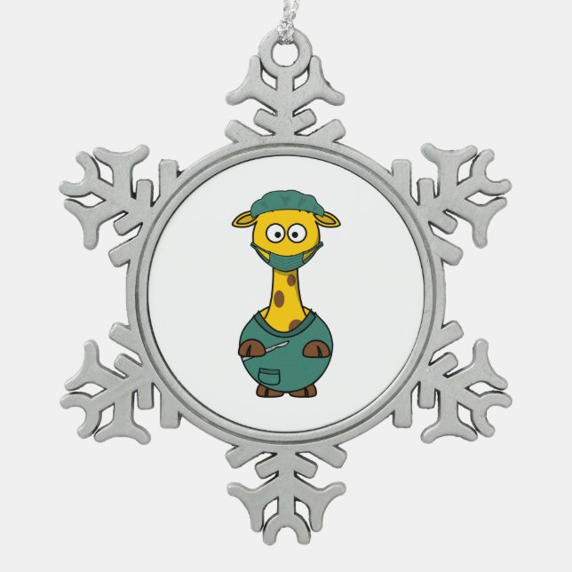Doctor Giraffe Snowflake Pewter Christmas Ornament (Front)