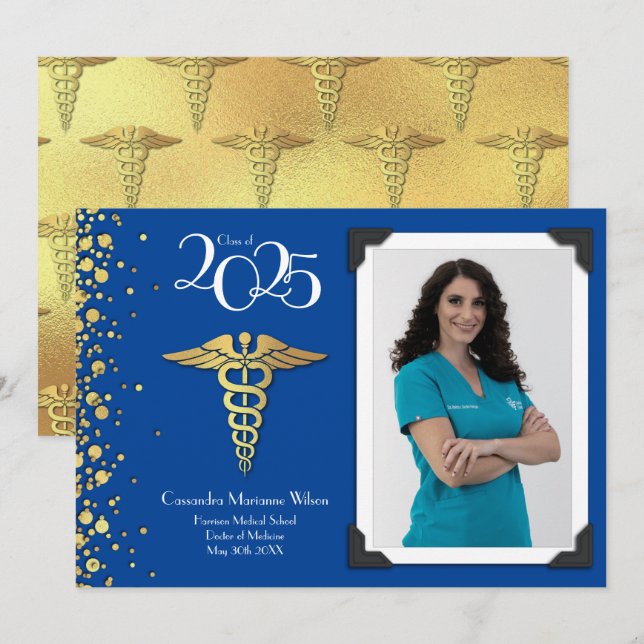 Doctor Gold Graduation Announcement Blue (Front/Back)