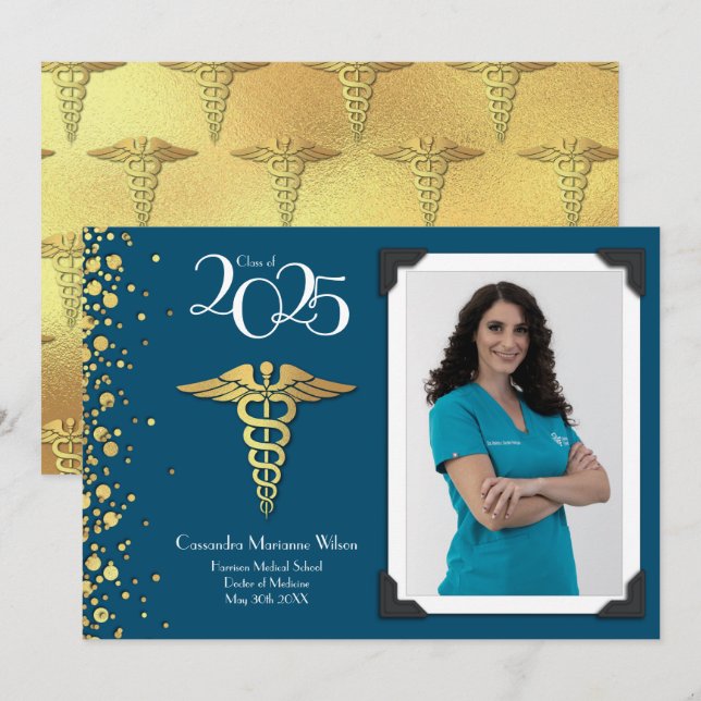 Doctor Gold Graduation Announcement Navy Blue (Front/Back)