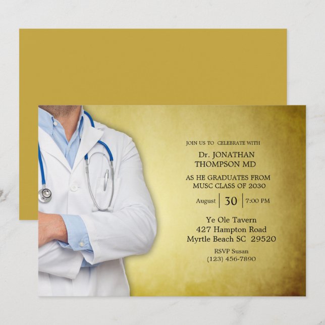 Doctor Graduation Party Gold White Coat Invitation (Front/Back)