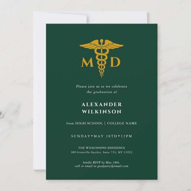 Doctor Green Gold Modern Medical School Graduation Invitation (Front)