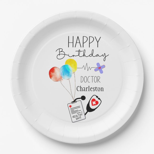 Doctor Happy Birthday Balloons Flat Birthday Paper Plate (Front)