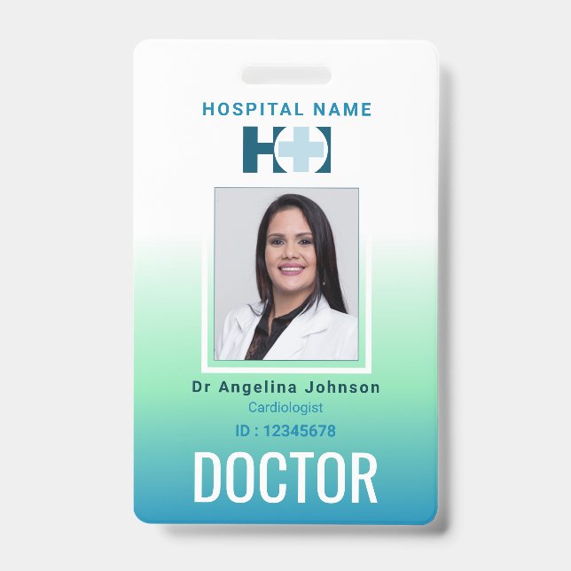 Doctor Identification Blue Green Name and Photo ID Badge (Front)