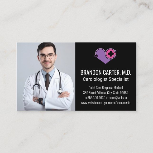 Doctor in Lab Coat | Cardiology Logo Business Card (Front)