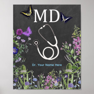 Doctor MD Stethoscope Floral Personalised Poster