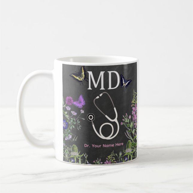 Doctor MD Stethoscope Floral Personalized Coffee Mug (Left)