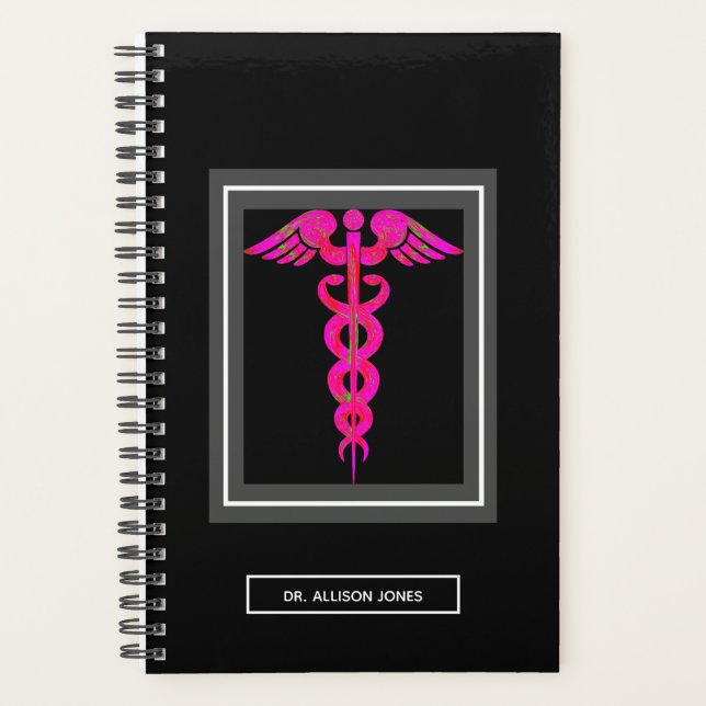 Doctor Medical Black Pink Caduceus Personalised Planner (Front)