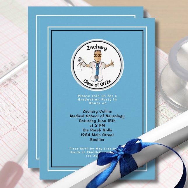 Doctor Medical Cartoon for Him Blue Graduation Invitation (Creator Uploaded)