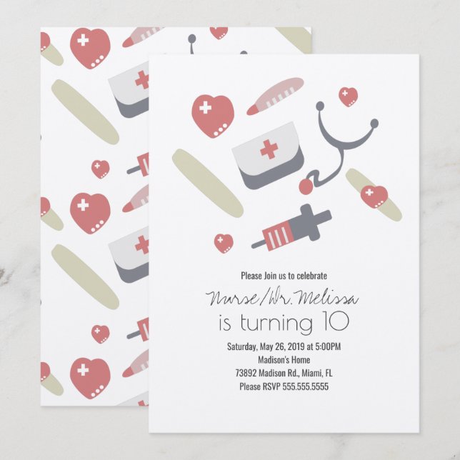 Doctor Nurse Birthday Party Medical Pattern Kraft Invitation (Front/Back)