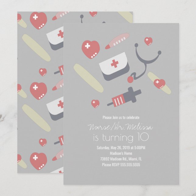Doctor Nurse Birthday Party Medical Pattern Pink Invitation (Front/Back)