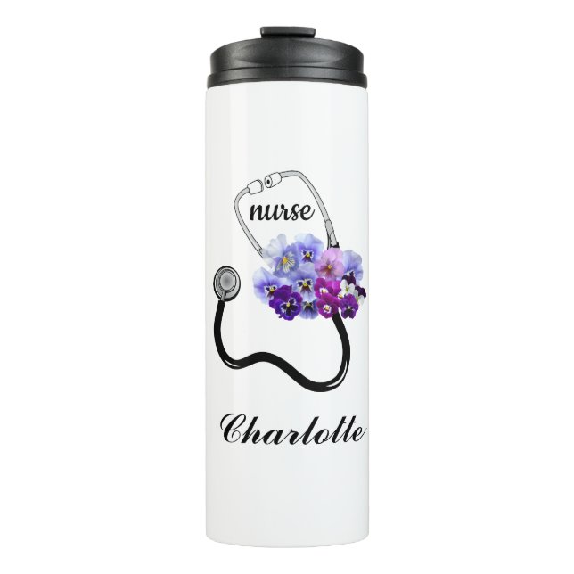 Doctor Nurse Stethoscope Blue Pansy Floral Thermal Tumbler (Front)