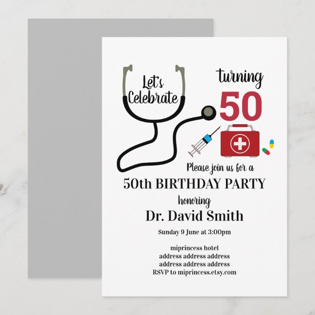 Doctor , Nursing, Medical birthday Invitation (Front/Back)
