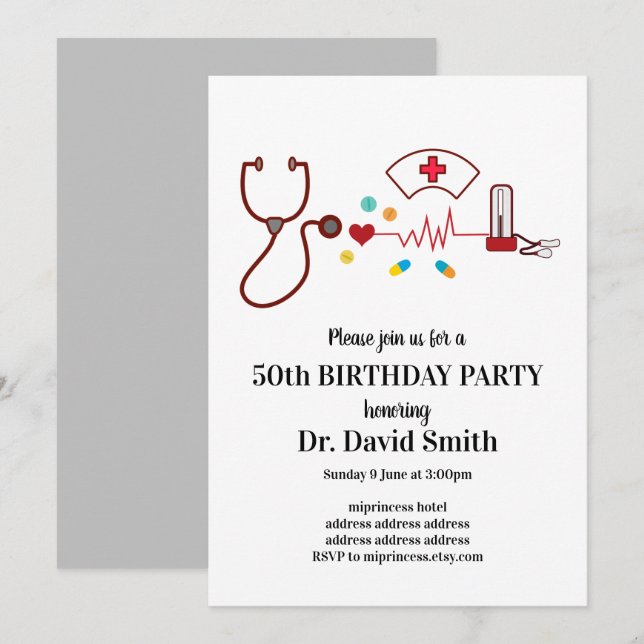 Doctor , Nursing, Medical birthday Invitation (Front/Back)