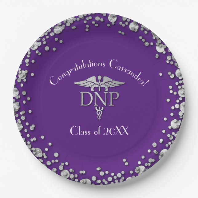Doctor Nursing Practice Graduation Purple Silver Paper Plate (Front)