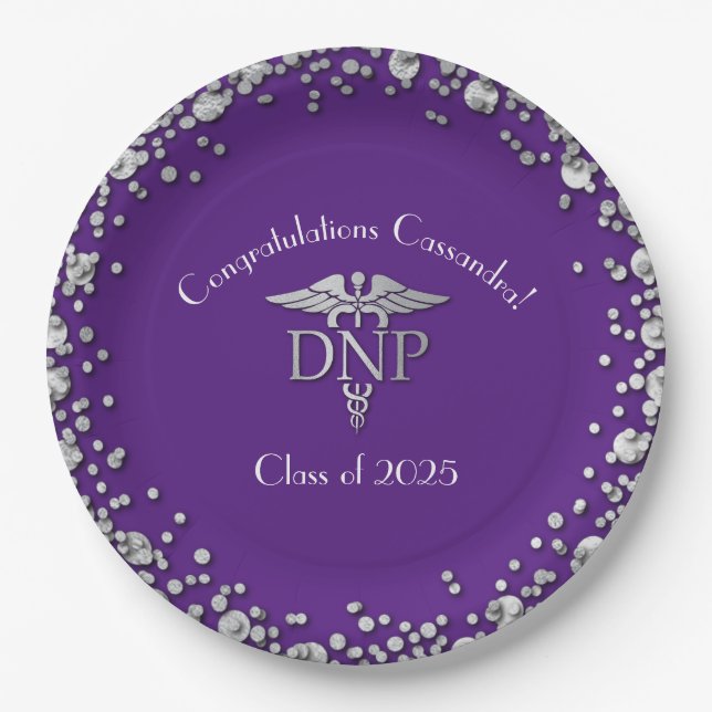 Doctor Nursing Practice Graduation Purple Silver Paper Plate (Front)